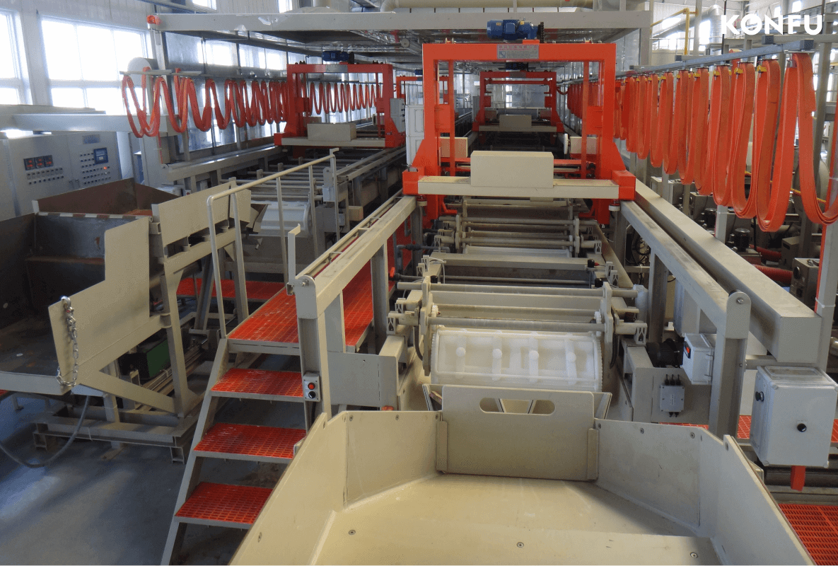 An automated barrel plating production line for fastener surface treatment and corrosion protection.