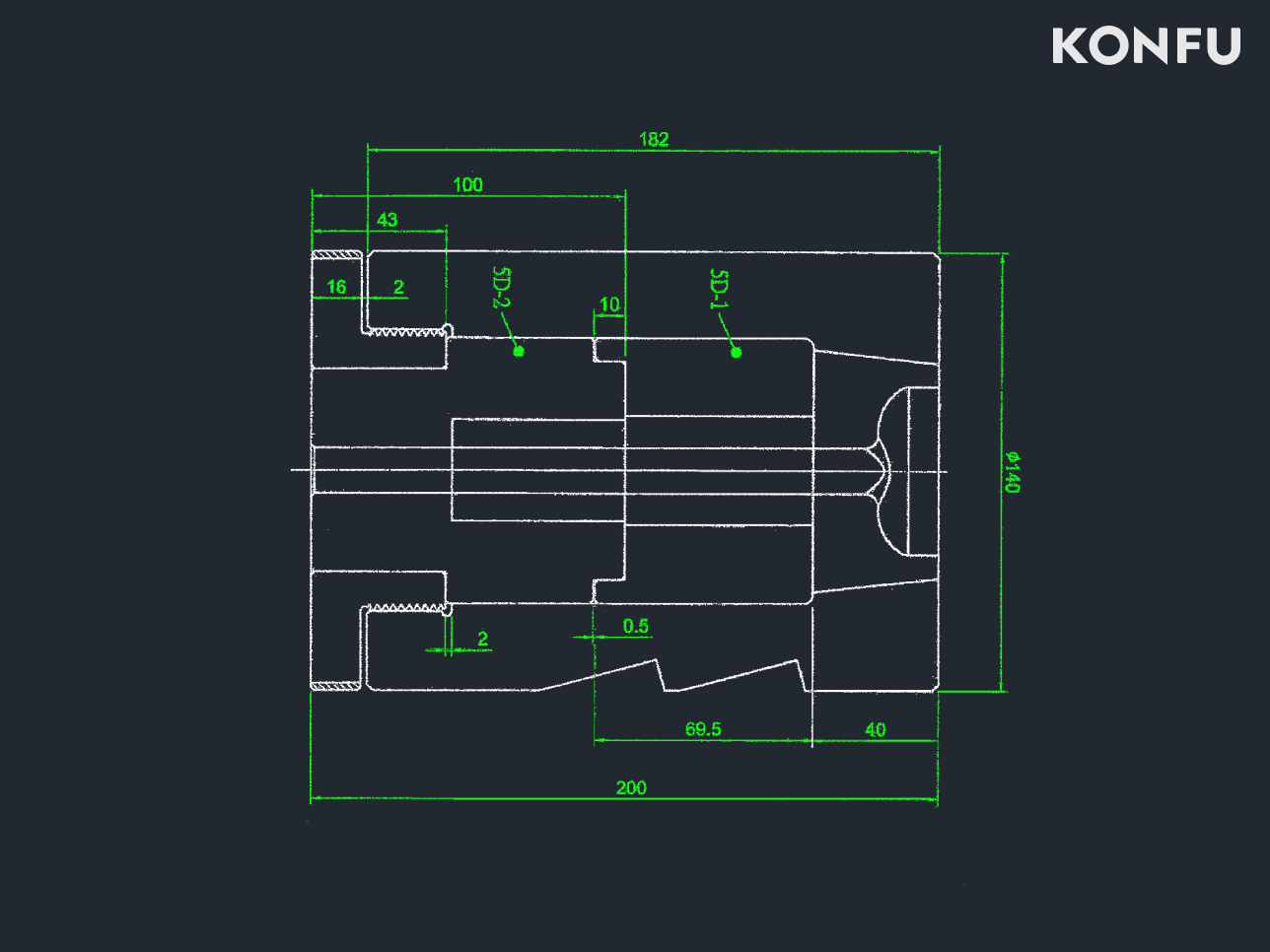 Technical diagram of the client's original one-piece die design for a fastener forming tool.